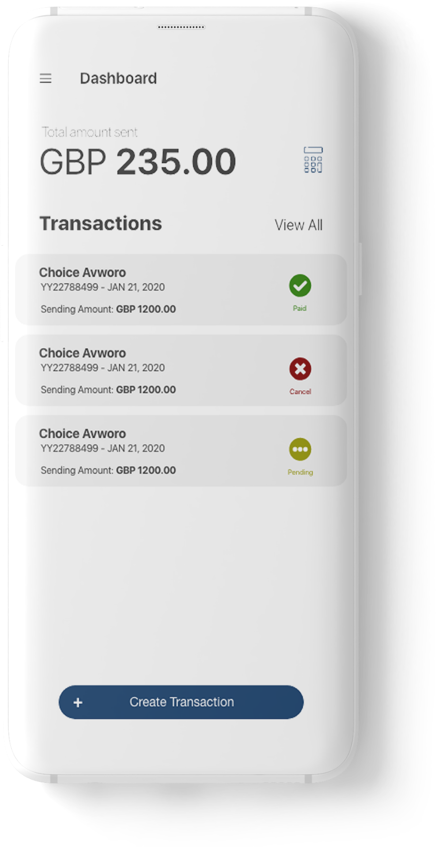 Afripay mobile app dashboard